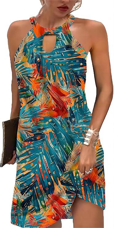 Kubsid Halter Dresses for Women 2026 Casual Print Summer Dresses Hollow Out A-line Sundresses for Beach Vacation, Large (Red Blue Leaves)