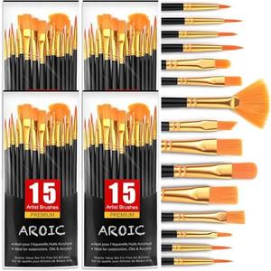 AROIC Acrylic Paint Brush Set,3 pack/45pcs Nylon Hair Oil Watercolor Rock Face Painting Artist Paint Brushes, 15 Sizes Painting Brush Set for All Purposes Kids Adult Arts Paint Brush Supplies.