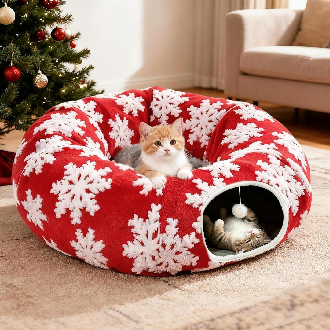 Cat Tunnel with Cat Bed for Indoor Cats - Soft Plush Donut Tunnel Bed with Snowflake Design & Washable Anti-Slip Mat, Multifunctional Playground Toys for Cats, Kittens & Small Pets. (Red) (XL 37*37*10'')