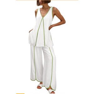 Cicy Bell Womens Summer Lounge Sets V Neck Sleeveless Tunic Tops Pajamas Sets Comfy Loungwear Wide Leg Pants 2 Piece Outfits, Medium, White 