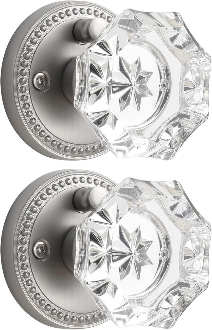 Satin Nickel Knobs Crystal Door Knob Interior Brushed Nickel Privacy Door Knob for Bedroom and Bathroom Glass Silver Door Knob,Zinc Alloy 2 Pack