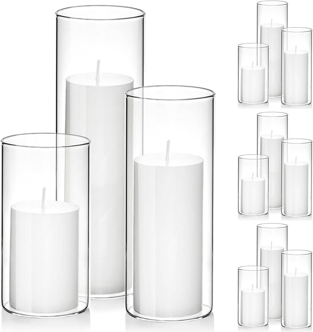 Set of 12 White Pillar Candles with Clear Glass Hurricane Holders- Elegant Cylinder Candle Vases for Weddings, Parties, Centerpieces, Home & Office Decor (White, 12 Set)