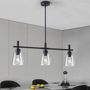 Black Kitchen Island Lighting, 3-Lights Modern Dining Room Light Fixture, Farmhouse Pendant Light Fixtures with Glass Shades, Adjustable Rectangle Linear Chandelier for Living Room