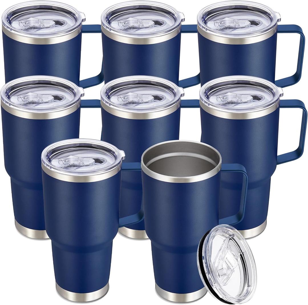 30 oz Tumbler with Handle and Lid, Stainless Steel Tumblers Bulk Double Wall Vacuum Insulated Travel Mug Leak Proof Cup Keep Drinks Cold and Hot Navy, 8 Pack