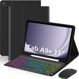 Case with Keyboard Mouse for Samsung Galaxy Tab A11 Plus/A9 Plus 2025/2023 11 inch,7 Color Rainbow Backlight Detachable USB-C Keyboard Magnetic Case with Pen Slot for Tablet A11+ A9+ 5G Black