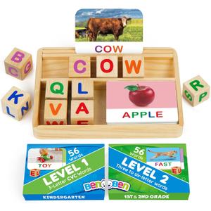 BenBen Spelling Games with Flash Cards, 112 Words, Montessori Toys for 3 4 5 6 Years Old Kids, Wooden Matching Letters Games, CVC Word Educational Learning Toys, Gift for Preschool Kindergarten