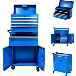 20 Inch 5 Drawer Lockable Rolling Tool Chest, 2 in 1 Detachable Tool Box Cabinet on Wheels, Compact Metal Storage Organizer with Portable Top Chest for Garage Workbench and Workshop, Blue