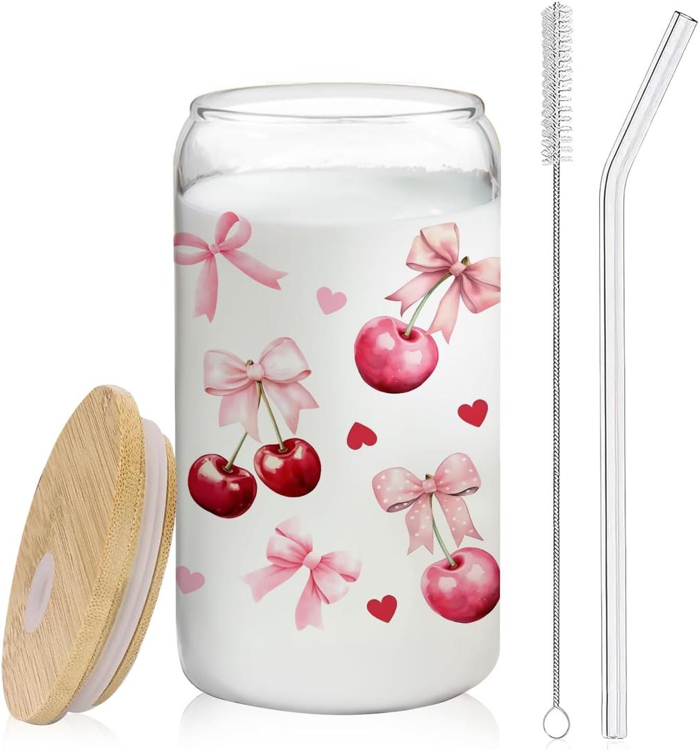 Coquette Preppy Pink Bow Cherry Glass Cup with Lids and Straws 14oz, Cute Girly Pink Cherry Glass Coffee Tumbler Drinking Jars with Cleaning Brush