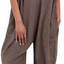 Nirovien Women's Solid Color V Neck Jumpsuits Casual Half Sleeve Long Rompers Beam Foot Baggy Overalls (XX-Large, Solid-brown)