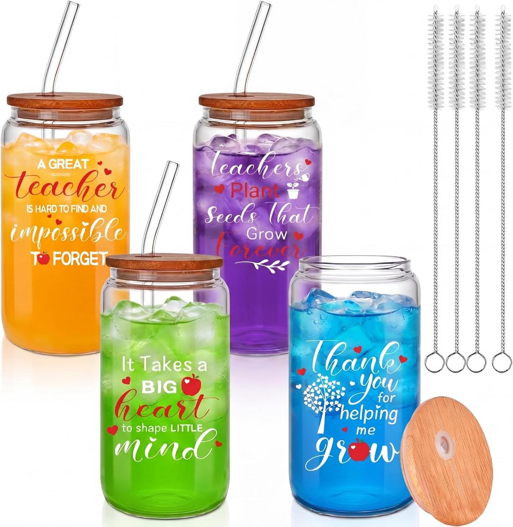 Zubebe 4 Pack 16 oz Teacher Appreciation Gifts Thank You Teacher Gift 2026 Graduation Gifts for Women Men Glass Coffee Cups Tumbler with Bamboo Lids, Glass Straw and Cleaning Brush(Classic)