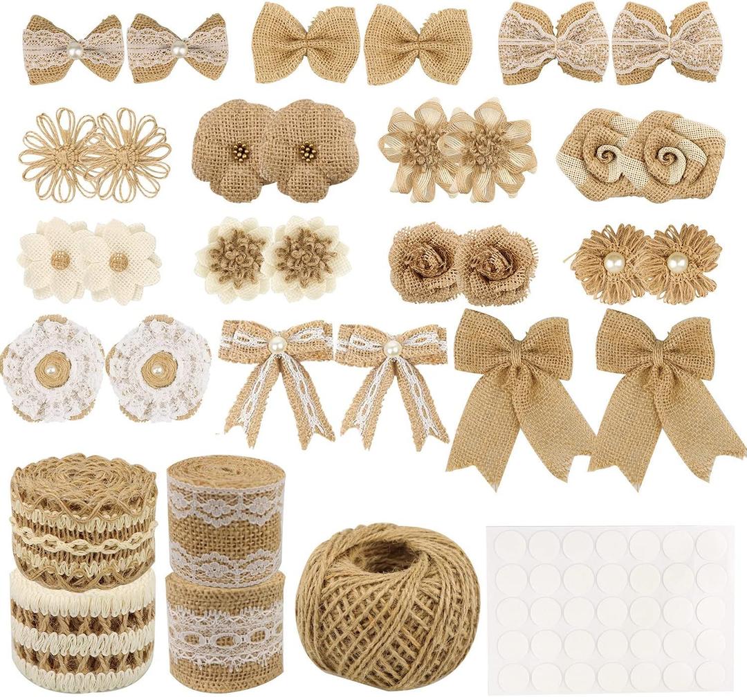 34 PCS Jute Burlap Flowers for Crafts, Natural Handmade Rustic Burlap Flower Bowknots Set, Burlap Ribbons with Lace, Jute Twine, Glue Point for DIY Craft Wreath Gift Wedding Party Christmas by Gbateri