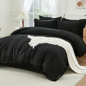 Andency Black Queen Size Comforter Set with Sheets - 7 Pieces Boho Tassel Bed in a Bag Soft Lightweight Bedding Sets, Black Fringe Bed Set with Comforter, Sheets, Pillowcases & Shams