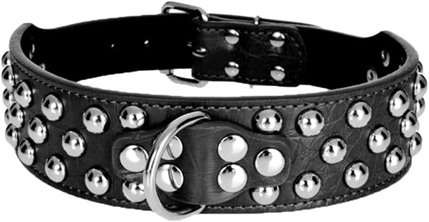 Serijoars 2" Width Leather Dog Collar, Spiked Studded Heavy Duty Adjustable for Medium Large Dogs (M, Black1)