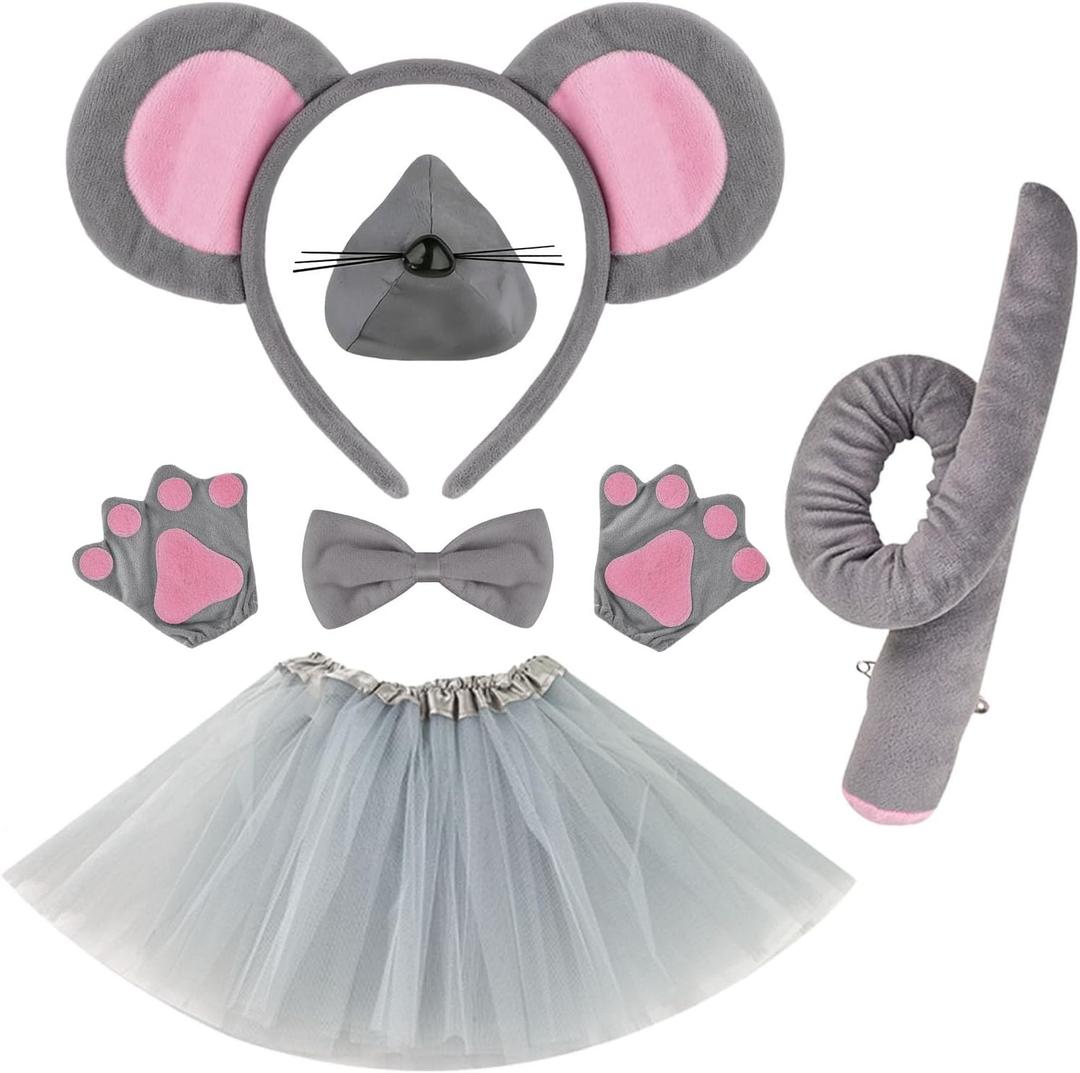 Rat Costume Set, Mouse Ears Headband, Tail, Animal Cosplay for Halloween, Role Play, Dress Up, Party Accessories (7pcs)