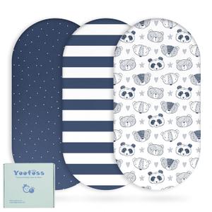 Yoofoss Bassinet Sheets for Baby,3-Pack Fitted Bassinet Sheets Set Compatible with Halo Bassinest Swivel Sleeper,Baby Delight,Angelbliss,Soft Breathable Bassinet Mattress Sheets(Stripes + Panda)