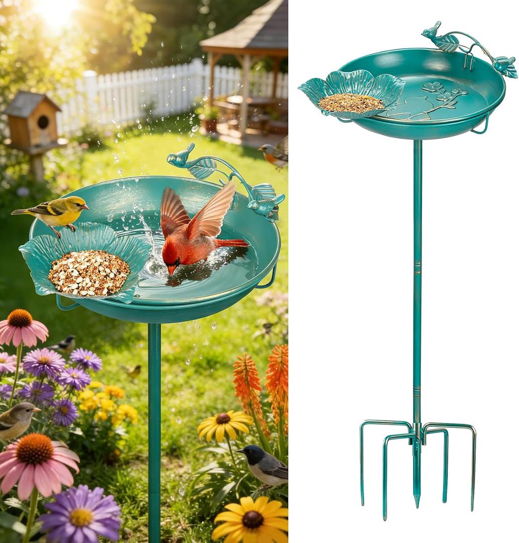 Mellbree Bird Bath for Outside, 12" Dia 39" H Lake Blue with Gold Gilding Metal birdbath for Outdoors, Freestanding with Perch & Feeder Bowl, Multi-Functional for Garden Patio Yard Lawn Outdoor Decor