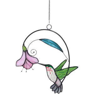 Lolitarcrafts Stained Glass Hummingbird Window Hangings with Flowers, Bird Stained Glass Suncatcher for Window Decor Hummingbird Gifts for Mom, Bird Lovers (Green with Flower A)