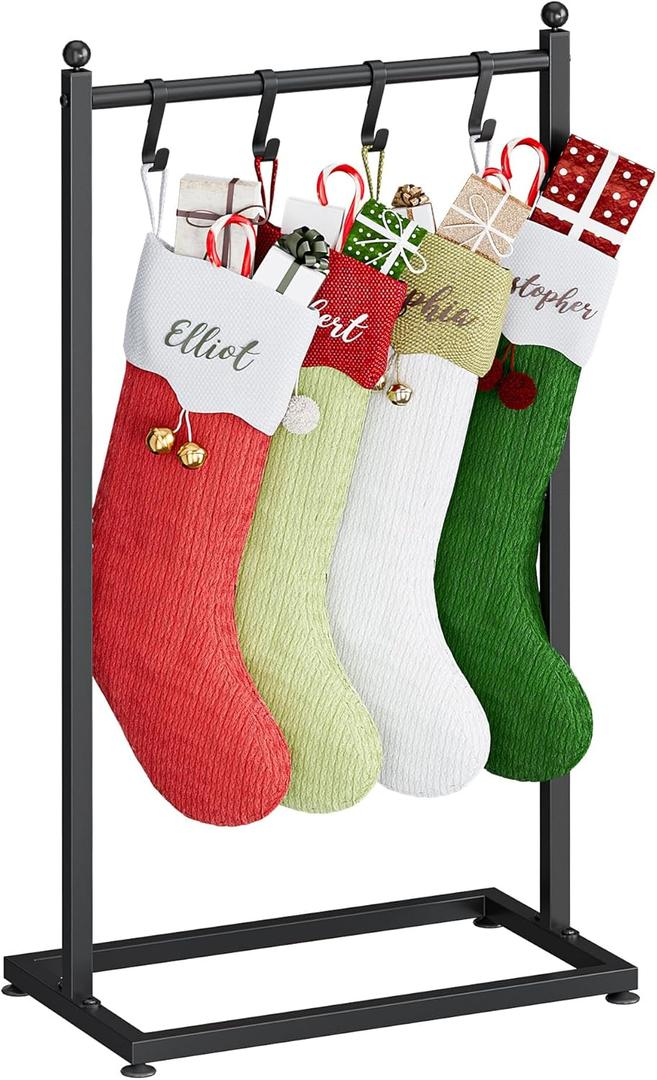 LANDVOI Christmas Stocking Holder for Floor, Free Standing Metal Stocking Hanger with 4 Removable Hooks, Stable Base & Adjustable Feet, Black