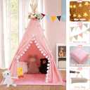 WIRHAO Teepee Tent for Kids with Padded Mat Cotton Canvas Kids Tent with Pompom for Toddlers Indoor Play Tent for Girls Boys with Stars Lights, Carry Bag, Banner Flag (Pink)