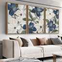 NINEASO Rustic Floral Framed Wall Art  Elegant Blue White Flowers Canvas Pictures Green Leaves Painting Artwork for Living Room, Office & Home Wall Decor 24 x 16in * 3, Natural Wood Frame