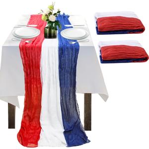2PCS 4th of July Table Runner,Vintage Red White and Blue Table Runner Cheesecloth for Memorial Day Labor Day Independence Day Veterans Day Patriotic Party Decoration for Indoor Outdoor 118Inch
