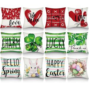 VitalCozy 12 Set St Patricks Day Pillow Covers 18 x 18 Valentine's Day Easter Throw Pillow Covers Holiday Throw Pillowcase Heart Clover Bunny Cushion Case Vintage Pillowcase for Home Couch(Lovely)
