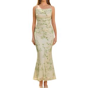 URYIAO Women's Summer 2026 Floral Spaghetti Strap Maxi Dress Sleeveless Ruched Mesh Bodycon Long Wedding Guest Dresses (Green, M)