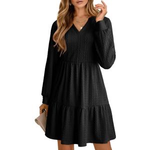 Dokotoo Holiday Dresses for Women 2025 Winter Clothing for Women Long Sleeve V Neck Textured Casual Elegant Tiered Ruffle Swing Mini Babydoll Soft Knit Sweater Dress Wedding Guest Dress Black Large