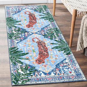 Oriental Tropical Kitchen Runner Rug 2x5 Washable, Thin Stain Resistant Blue Boho Bathroom Runner Rug for Hallway Entryway Bedroom Laundry, Vintage Abstract Hippie Botanical Long Carpet