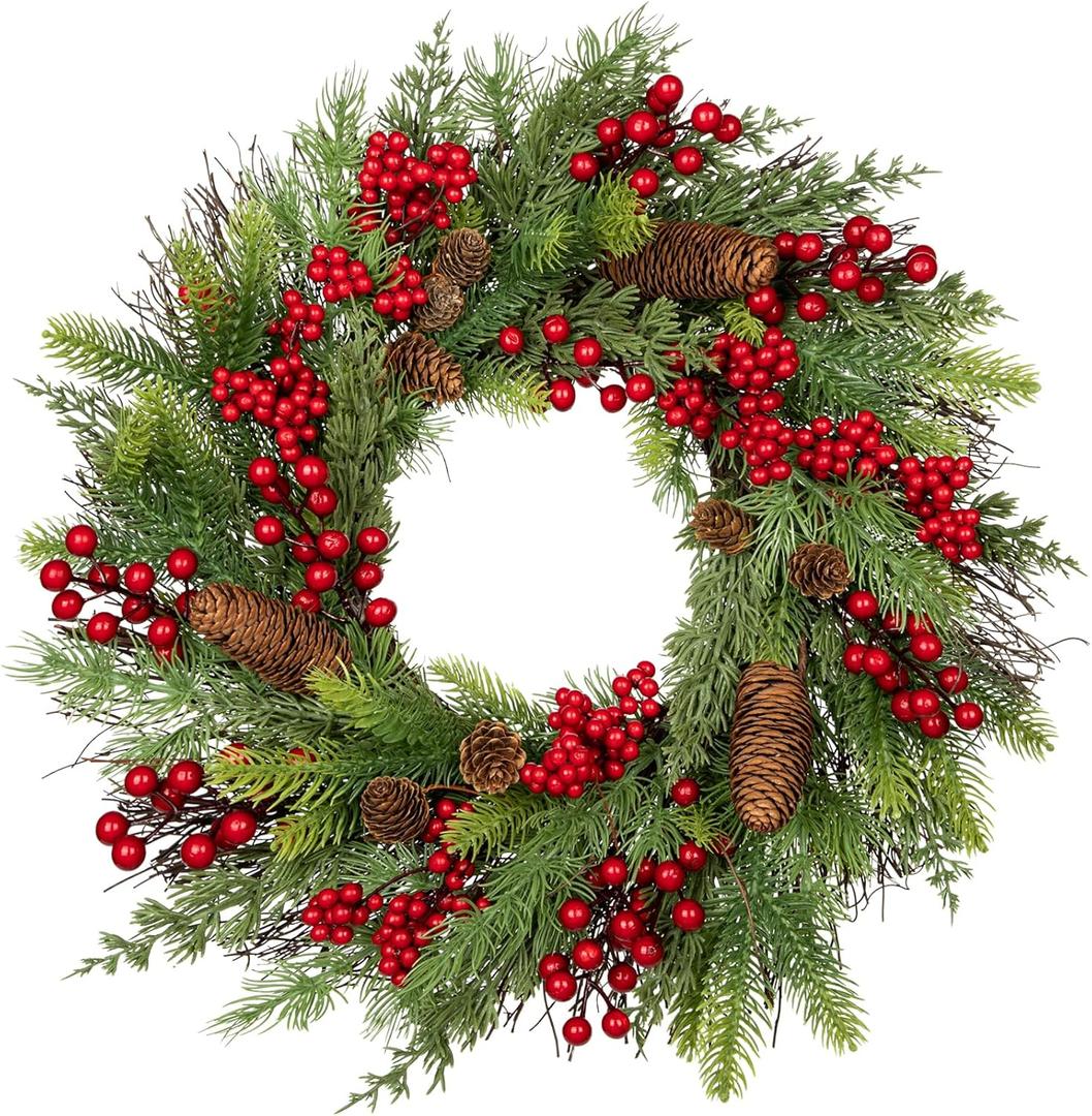 20 inch Christmas Wreath, Christmas Wreath for Front Door Christmas Door Wreaths with Red Berries Pine Cones Cedar Leaves Aritificial Wreath for Christmas Indoor Outdoor Decorations