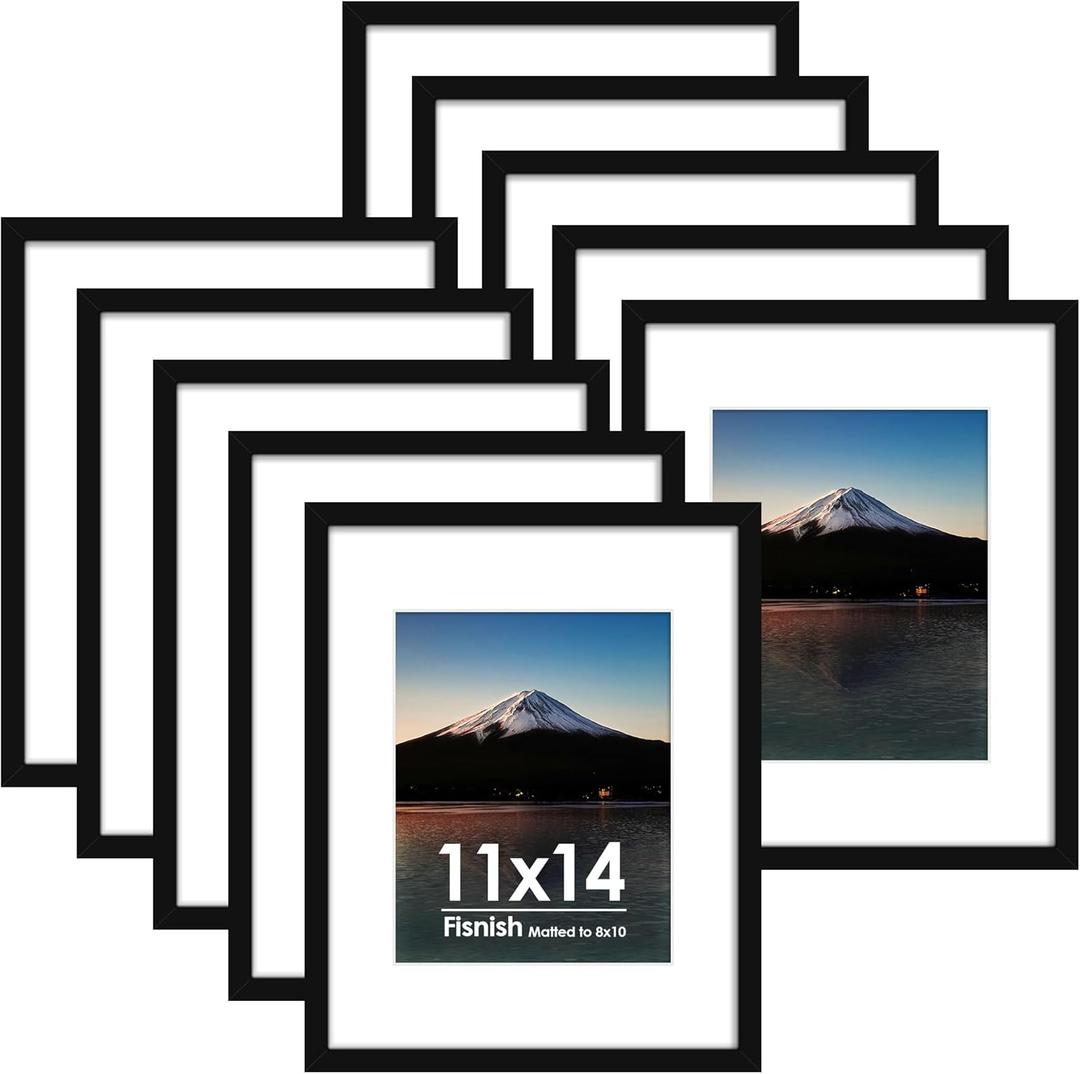Fisnish 11x14 Picture Frame Sef of 10, Display Pictures 8x10 with Mat or 11 x 14 Without Mat, Photo Frame Collage for Wall Gallery Decor, Hanging or Tabletop Display, Black