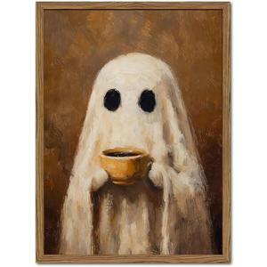 Cute Ghost Drinking Coffee Wall Art Spooky Ghost Halloween Kitchen Wall Decor Picture Gothic Dark Academia Canvas Painting Print for Bedroom Living Room 24x16 inch Wood Framed