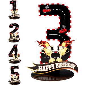 6 x Race Car Birthday Third Number Three Sign, Wooden Race Car Theme 3rd Centerpiece with Racing Track and Trophy Patterns Party Table Decoration for Birthday Party Topper Photo Props(Number 3)