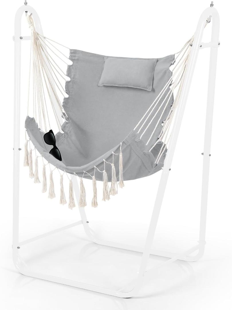 Hammock Chair with U Shape Stand, Cotton Swing Chair with Side Pocket, Heavy-Duty Metal Frame with Hanging Seat, Multi-Functional Swing Stand for Indoor and Outdoor Patio (White+Light Gray)