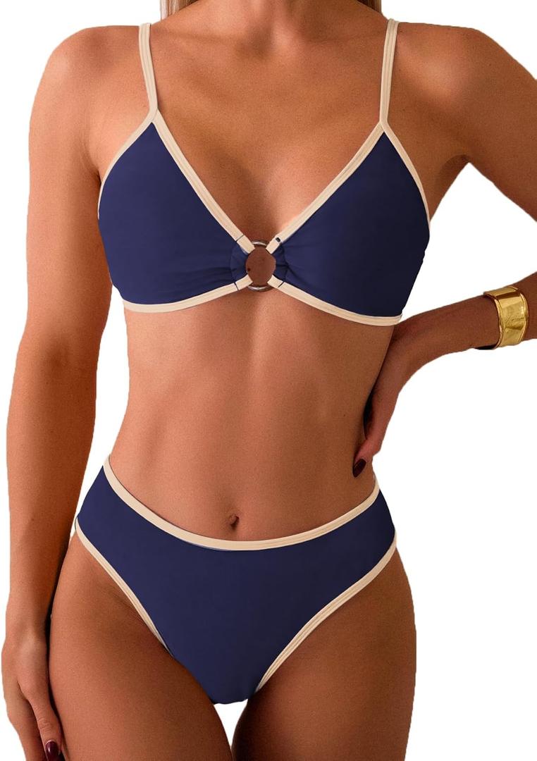 Fanuerg Women's Triangle Bikini Sets Circle Ring Linked Two Piece Swimsuit Color Block Cheeky Bathing Suits (M)
