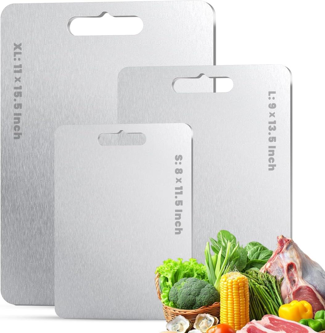 Titanium Cutting Board Set of 3 (S+M+L), 100% Pure Titanium Kitchen Cutting Boards, Double-Sided Chopping & Serving Board for Meat, Vegetables & Cheese, Lightweight, Durable & Dishwasher Safe