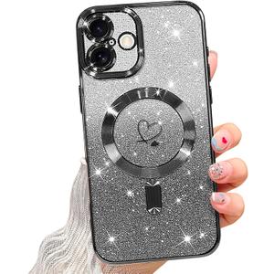 NITITOP Compatible with iPhone 16 Plus Case Cute Clear Glitter [Compatible for MagSafe] Plating Heart Sparkle Bling Magnetic Girl Women Electroplated Frame Camera Protection Back Cover - Black