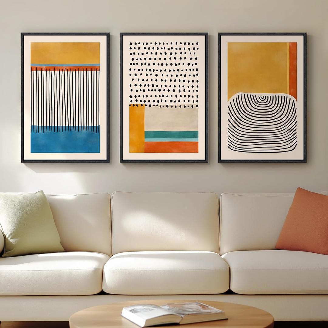 Framed Colorful Abstract Wall Art for Living Room, 3 Piece Mid-century Modern Canvas Prints Paintings Artwork for Walls, Bright Yellow Block Lines Pictures for Hallway Dining Bedroom Wall Decor -16x24