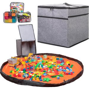 XXL Toy Storage Organizer with 51" Play Mat - Collapsible Fabric Storage Box for Boys, Girls & Kids - Basket for Building Bricks, Blocks, Lego & Duplo - 13"x13"x15" for Nursery & Playroom