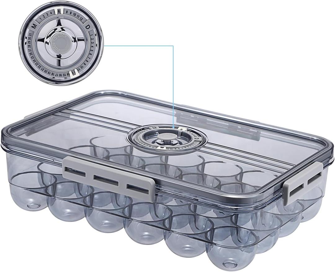 BSTKEY Egg Holder for Refrigerator, Egg Container with Time Scale, Egg Holder with Lid for Kitchen Storage, Stackable Tray for 24 Eggs