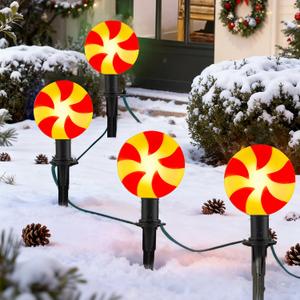 C9 LED Christmas Lollipop Peppermint Pathway Lights Outdoor, 7Ft 4 Candy Cane Bulbs Stakes Lights, Connectable Colorful Marker Walkway Lights for Yard Patio Sidewalk Driveway Garden Lawn Decor (Red/White Candy)