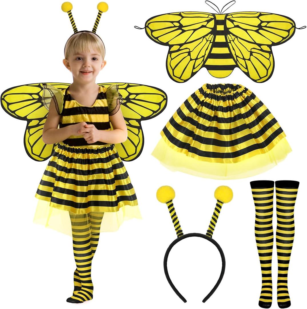 Newcotte 4 Pcs Halloween Girls Costume Includes Wings Tutu Headband Striped Tights for Kids Toddler Halloween