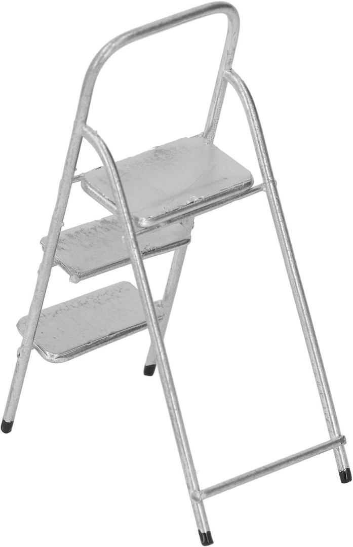 JTLB 1/12 Miniature Step Ladder Metal Delicate Texture Mini 3 Step Ladder for Dollhouse Furniture Accessories (Silver)