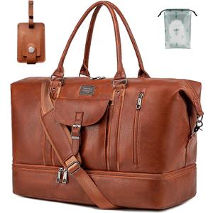 Weiatas Faux Leather Travel Duffel Bag for Women Men, Large Weekender Overnight Bag with Shoes Compartment, Waterproof Carry On Bag Travel Tote Bag Gym Bag with Luggage Strap (Brown)
