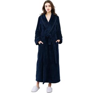 Hellomamma Womens Long Robe Soft Warm Fleece Plush Bathrobe Ladies Sleepwear Pajamas Housecoat Nightgown (Small-Medium, Navy Blue)