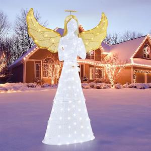 Goplus 5 FT Christmas Pre-Lit Angel, Yard Lighted-up Festive Angel w/Halo, Wings & 150 LED Lights, Winged Christmas Figure w/Zip Ties & Ground Stakes for Indoor Outdoor