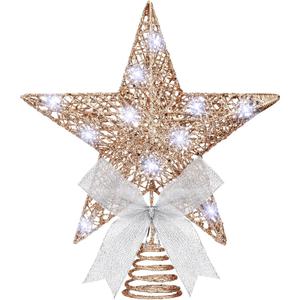 Sumind 9.8 x 11.8 Inch Christmas Star Tree Topper Glittered Star Metal Plug in Treetop Ornaments with Bow and 30 LED String Light for Christmas Tree Indoor Holiday Party Decoration(Champagne)