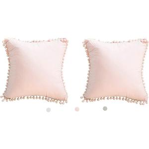 Pom Poms Fringe Cotton Throw Pillow Covers Shabby Pink 18X18 inches(45x45 CM) Pack of 2 (Not Include Insert)