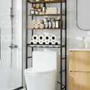4-Tier Over-the-Toilet Storage Rack with One-Piece Wooden Shelves & Open Net Basket, Bathroom Organizer with Adjustable Feet & Anti-Tip Kit, Space-Saving Toilet Shelf, Brown, 24.4" x 9.4" x 69.3"
