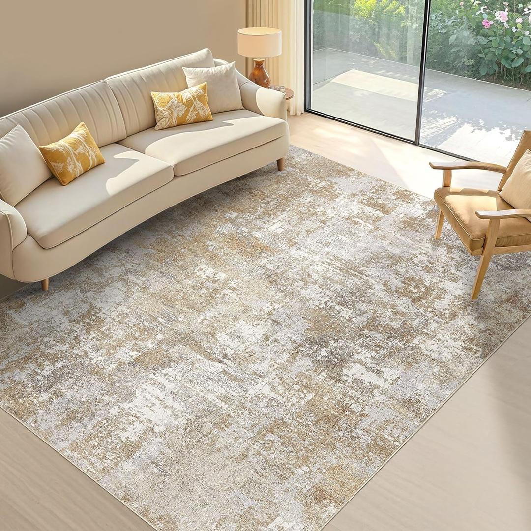 Tortania Washable 6x9 Area Rug for Living Room: Modern Abstract Neutral Large Soft Thin Rugs - Non Slip Indoor Carpet for Bedroom Dining Room Office Nursery Home Floor Decoration - Brown Grey